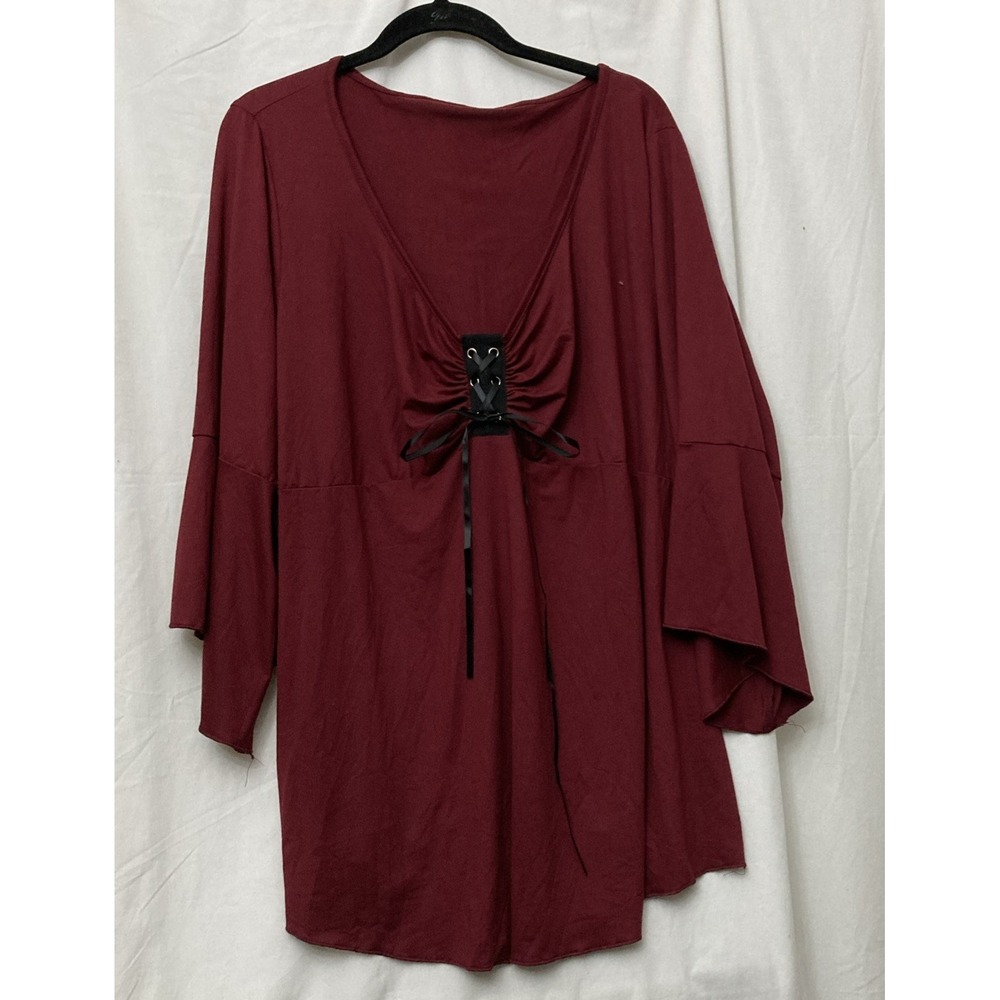 Temu Women's Maroon Grommet Eyelet Lace Up Ruched V-Neck Top w/3/4 Sleeves - 4XL